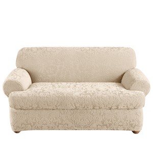 Stretch Jacquard Damask T-Loveseat Slipcover Oyster - Sure Fit