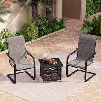 3pc Patio Seating Set with Square Side Tale & Padded Sling C-Spring Arm Chairs - Captiva Designs