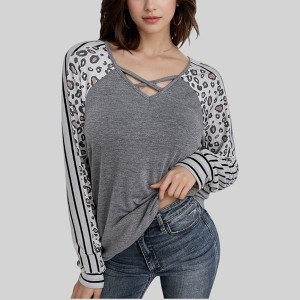 Anna-Kaci Women's Leopard Print Raglan Sleeve Top with Striped Contrast and Crisscross Neckline - 1 of 4