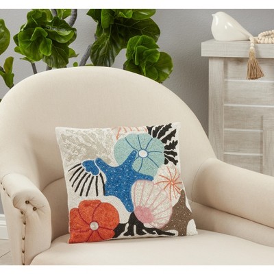 Multicolor Cotton Embroidered Seashells Square Pillow, 16"