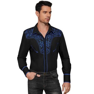 Men's Western Cowboy Shirt Floral Embroidered Long Sleeve Casual Button Down Slim Fit Tops - 1 of 4