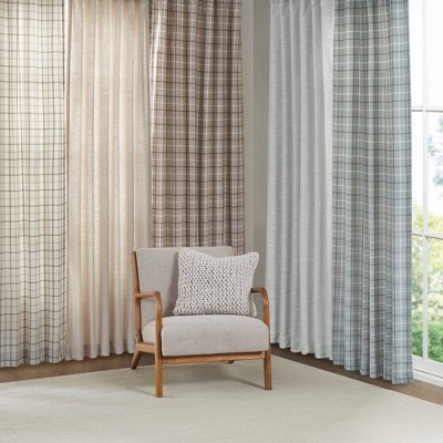 Greige Plaid Light-Filtering Polyester Drapes with Fleece Lining