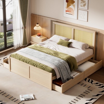 GDFStudio Alice Queen Size Wood Storage Platform Bed with 4 Drawers and Rattan Headboard