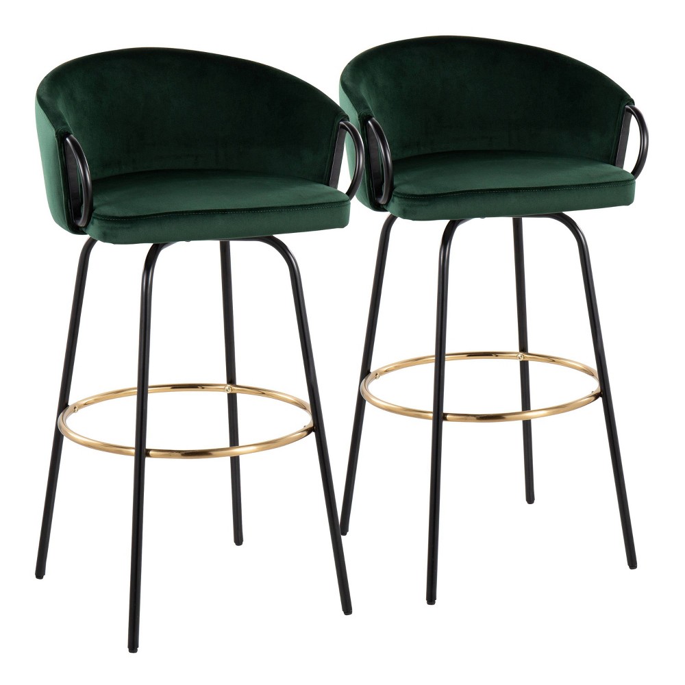Set of 2 Claire Barstools Black/Emerald Green - LumiSource: Velvet Upholstery, Swivel, Metal Frame, Fixed Height