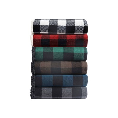 Brown Plaid Reversible Sherpa Cotton Throw Blanket