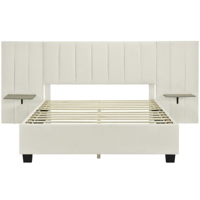 HomeRoots Beige Tufted Velvet Upholstered Queen Bed Frame