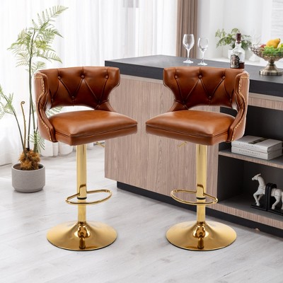 Set Of 2 Brown Leather Upholstered Swivel Bar Stools With Back And ...