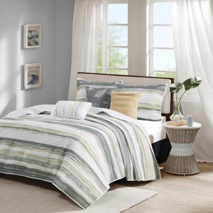 Sapphtopaz Comforter Set Bedding Quilt Set Watercolor Stripe Printed Solid Color Back Reversible Cotton Quilt Set 6 Piece - 1 of 4
