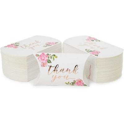 Sparkle and Bash 100pcs Floral Pillow Boxes, 5" x 3.5" Rose Gold Thank You Treat Box for Wedding Party Favors, Candy, Small Gifts
