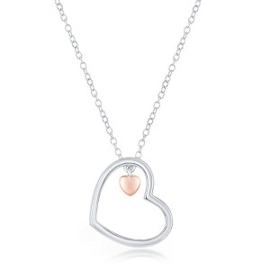 Bella Silver Sterling Silver Open Heart with Small Rose Gold Heart Charm Necklace - Silver - 16+2 Inch - 1 of 2
