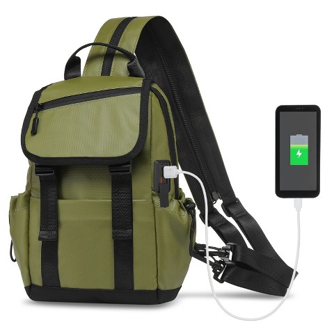 Unique Bargains Lightweight Waterpoof Convertible Sling Bag with USB Charge Port Dark Green