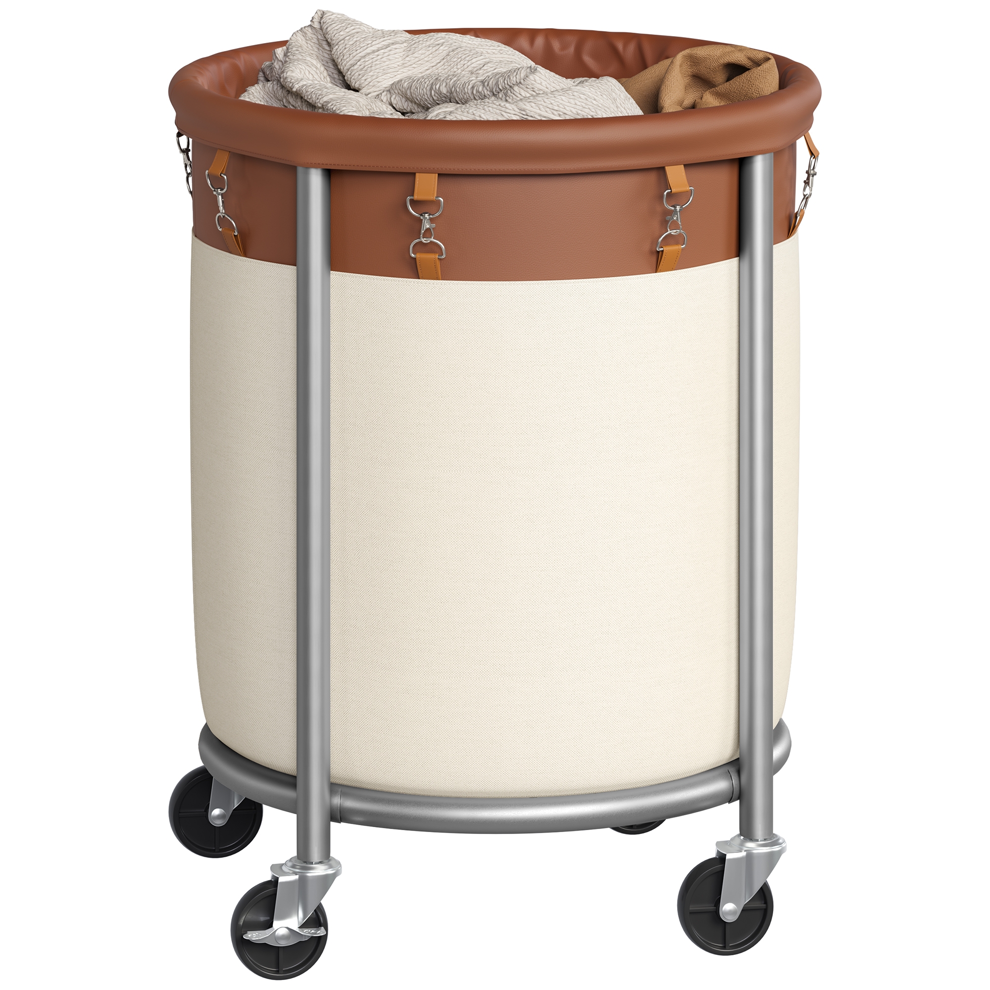 SONGMICS 29-Gallon (110 L) Laundry Basket with Wheels, Rolling Round Heavy-Duty Laundry Hamper Cart with Removable Bag, Coffee Brown and Cream White