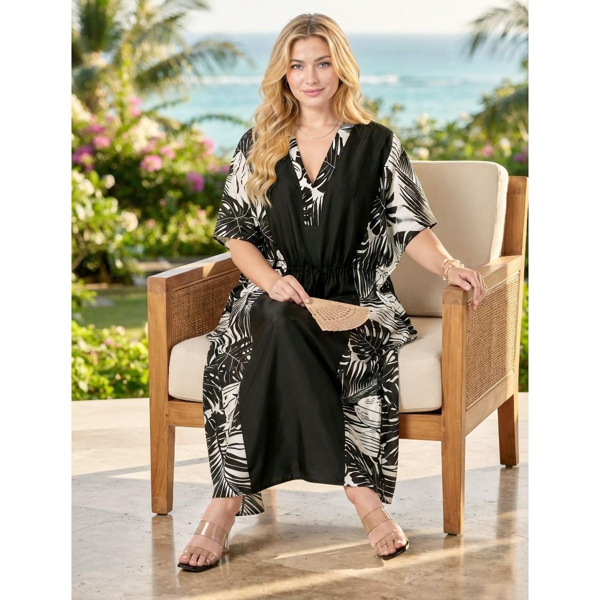 LA LEELA Summer Rayon Blend Women Caftan Dress Resortwear Vacation Holiday Cruise Pregnancy Wear Relaxed Fit Travel Style 2X-3X Black Tie Dye - thumbnail 4