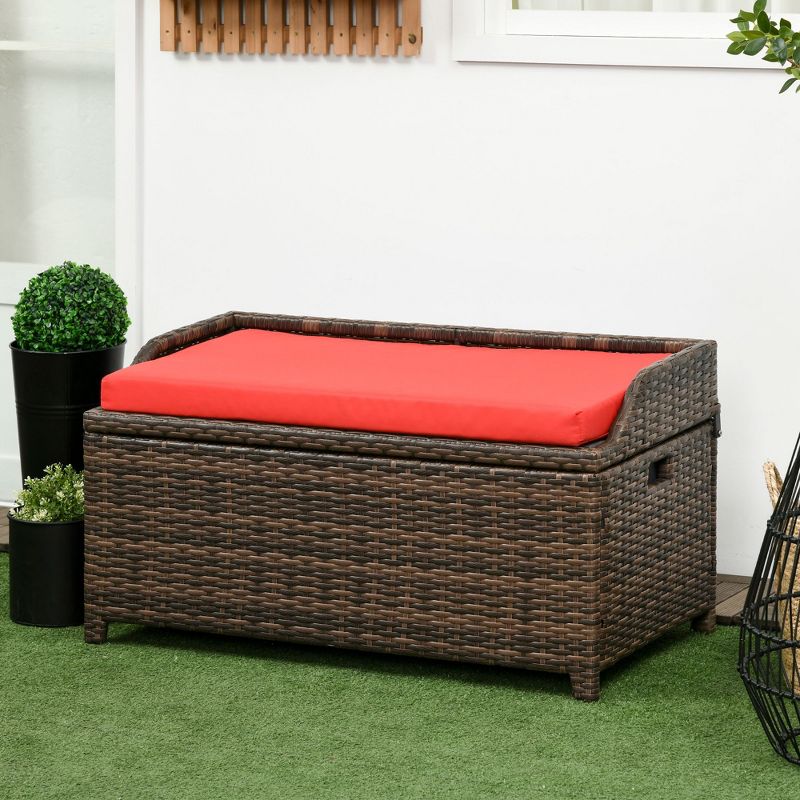 Outsunny Patio Wicker Storage Bench, Cushioned Outdoor PE Rattan Patio Furniture, Assisted Easy Open, Two-In-One Seat Box with Handles Seat, Red, 3 of 7