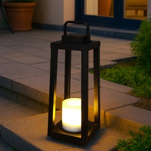 ALOADECOR 1 Light H16" Modern Matte Black Solar Lantern with Candle Shape Outdoor Light Decorative Portable Hanging LED Lights for Patio Camping - 1 of 4