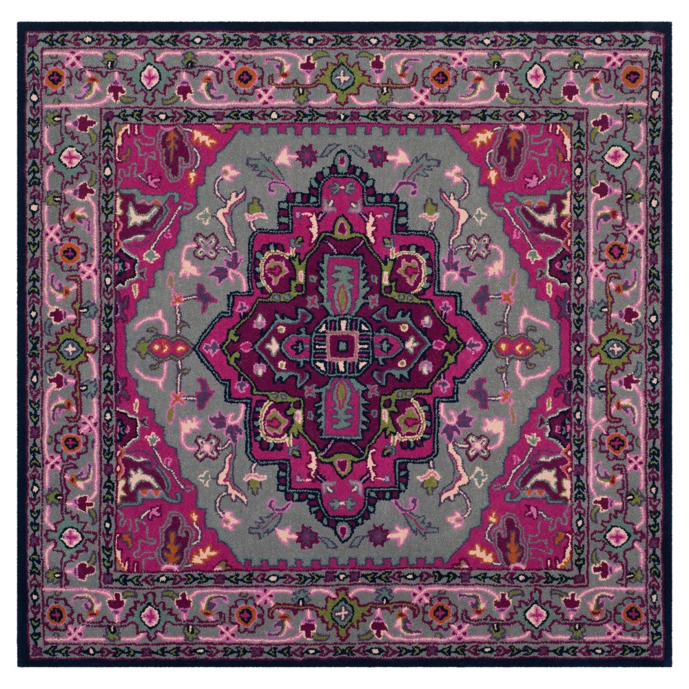 Gray/Pink Medallion Tufted Square Area Rug 5'x5'