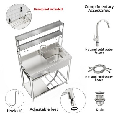 63" Freestanding Stainless Steel Outdoor Utility Sink with Storage Shelves