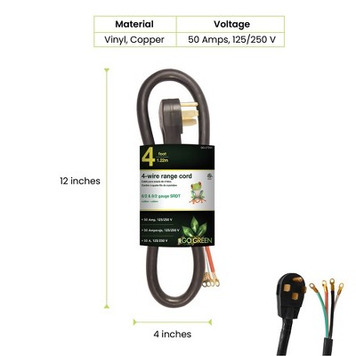 GoGreen 4-Foot Black 4-Wire Range Cord, 50 Amp
