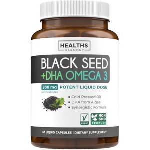 Black Seed Oil + DHA Liquid Capsules, Cold-Pressed Nigella Sativa with Omega 3 DHA for Full Body Wellness & Brain Support, Health's Harmony, 60ct - 1 of 4