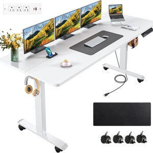 HOMDOX Elec-Standing Computer Desk Adjustable Height 63" × 24" Desk with outlet Rolling Wheels Dual-Beam Frame Mouse Pad Spliced Desktop Multifutnl - 1 of 4