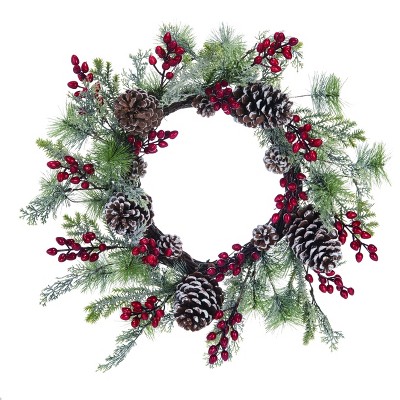 Transpac Artificial 20 in. Green Christmas Holly with Pinecone Wreath