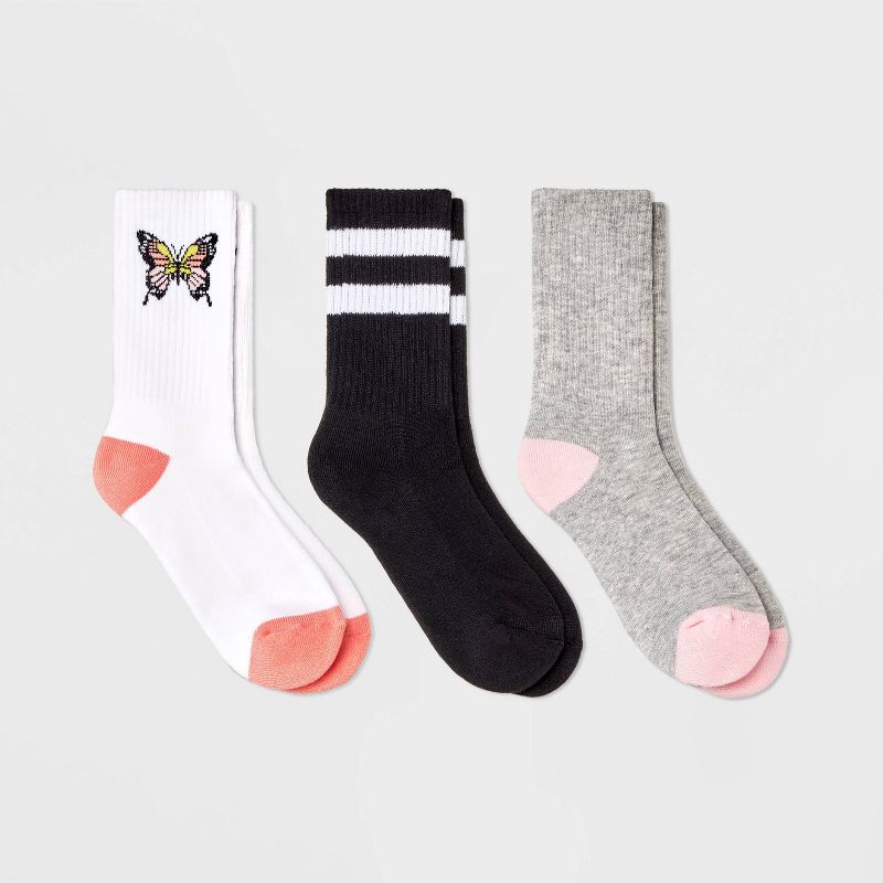Girls' 3pk Butterfly Crew Socks - art class™ White/Black/Gray, 1 of 5