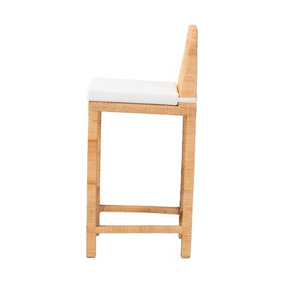 Natural Brown Rattan and Mahogany Wood Bar Stool with White Cushion