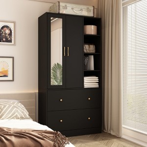 Famapy Black 2-Doors Armoire With Hanging Rod and Mirror 2 Drawers - 1 of 4