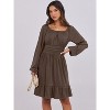 Long Lantern Sleeve Swing Dress with Square Neck & Ruffle Hem, Elastic Waist A-Line Short Dress for Women, Fall Fashion Brown - 2 of 4
