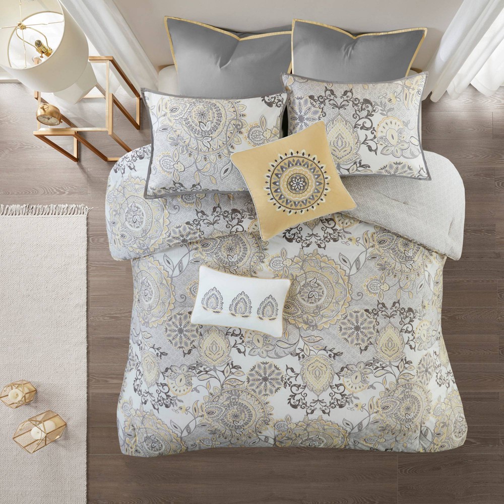 Photos - Duvet Madison Park 8pc Queen Lian Cotton Floral Printed Reversible Comforter Set