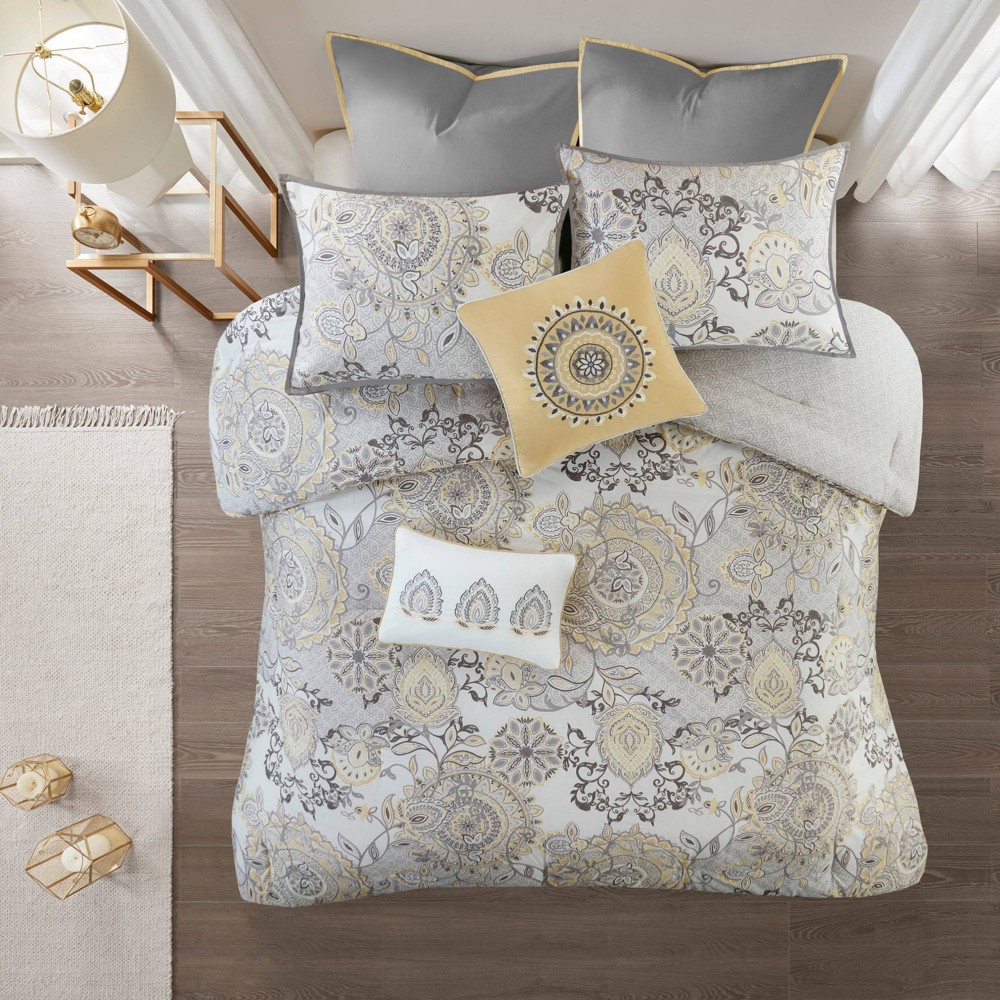 Photos - Bed Linen Madison Park 8pc King Lian Floral Printed Reversible Comforter Set Yellow: Includes Shams & Bed Skirt