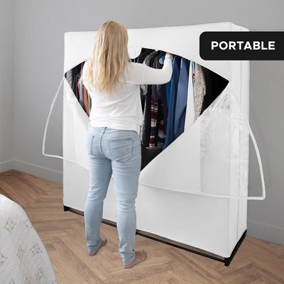 White Portable Wardrobe Closet with Metal Hanging Rod