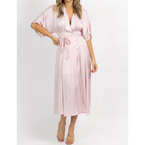 Women's SATIN WRAP MIDI DRESS - OLIVACEOUS - 1 of 4