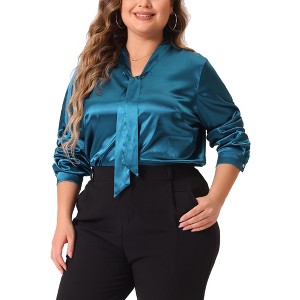 Agnes Orinda Women's Plus Size Office Formal Long Sleeve Tie Neck Satin Blouses - 1 of 4