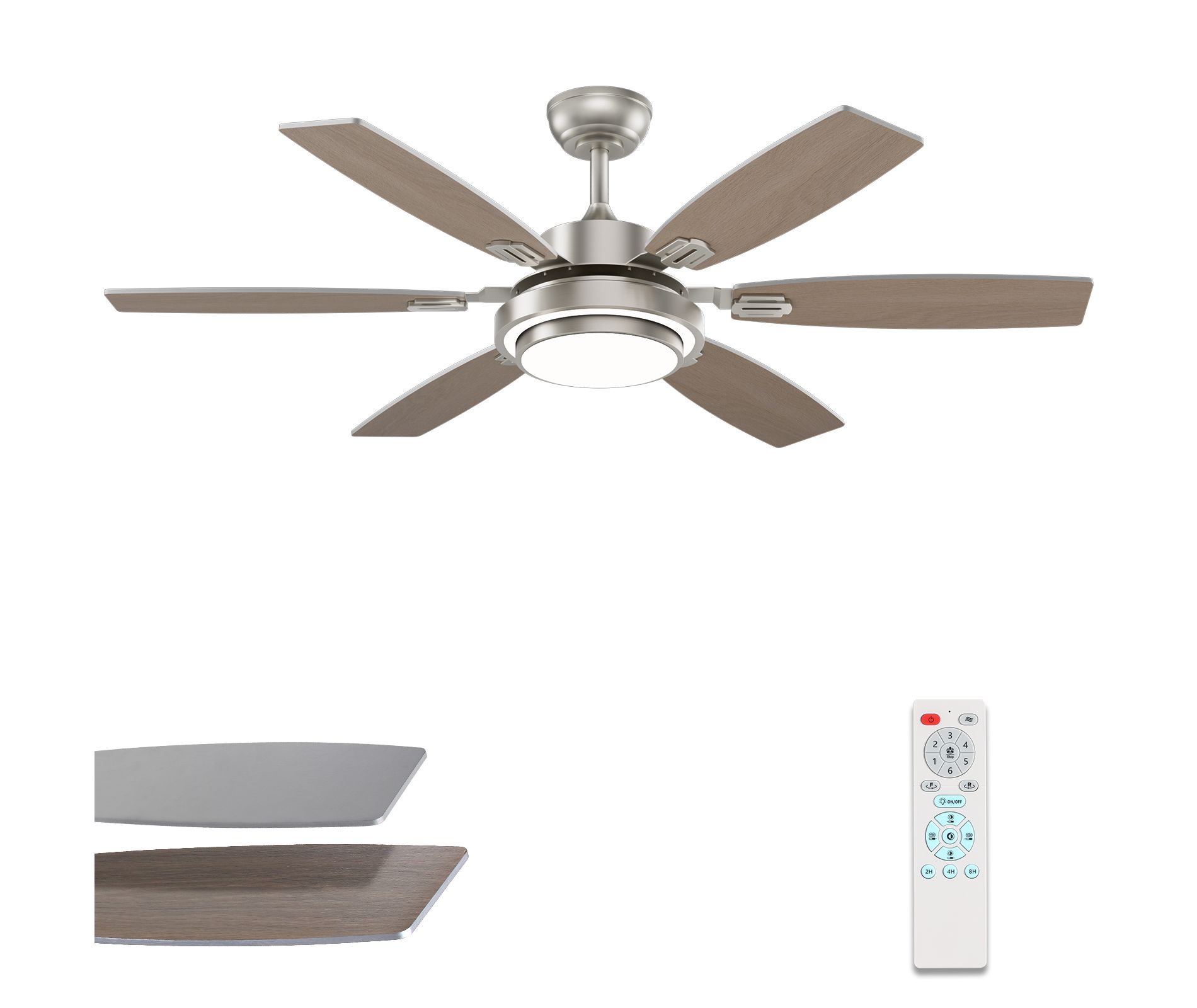 Siljoy 52-in Nickel Ceiling Fan with Nickel or Oak Color Blades Ceiling Fan With Light-Remote Included