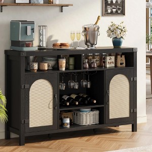 TROPOW Farmhouse Wine Bar Cabinate, Rattan Coffee Bar with Adjustable Storage Shleves, Boho Liquor Sideboard with Wine Racks for Kitchen, Black - 1 of 4