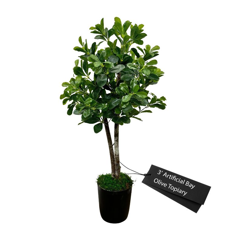 Cypress & Alabaster | Handmade 3' Artificial Bay Olive Topiary Tree In Home Basics Plastic Pot Made With Real Wood And Moss Accents, 1 of 12