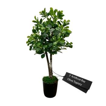 Cypress & Alabaster | Handmade 3' Artificial Bay Olive Topiary Tree In Home Basics Plastic Pot Made With Real Wood And Moss Accents