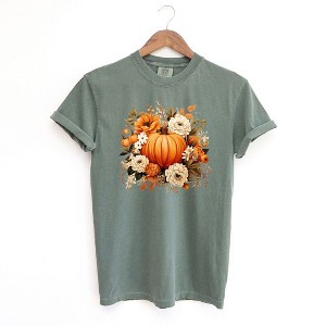 Simply Sage Market Women's Pumpkin Floral Arrangement Short Sleeve Garment Dyed Tee - 1 of 2
