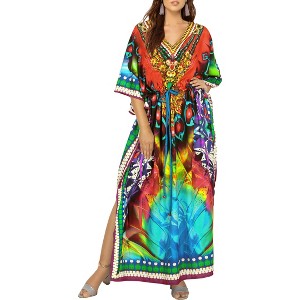 LA LEELA Women's House Daily Routine Evening Wear Loungewear Cover Up Slit Dress Long Home Wear Maxi Dresses Caftans for Women 2X-3X Multi Abstract - 1 of 4
