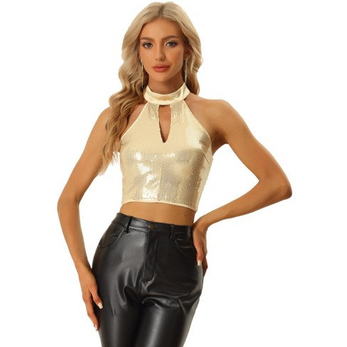 Allegra K Women s Halloween Halter Neck Cutout Shiny Party Sequin Crop Top Gold X large Target