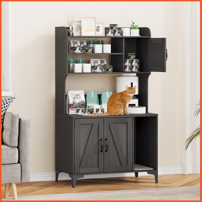 Homhougo Large Cat Litter Box Enclosure Furniture with 3 Open Shelves and Storage Cabinet, Farmhouse Cat House Washroom