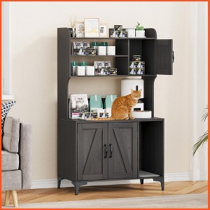 Homhougo Large Cat Litter Box Enclosure Furniture with 3 Open Shelves and Storage Cabinet, Farmhouse Cat House Washroom - 1 of 4