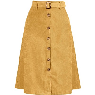Allegra K Women's High Waist Solid Button Front A-Line Belted Corduroy Midi Skirt