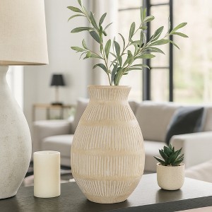 Decorative Terracotta Vase with Bold Textured Form for Living Room Decor - Home Centerpiece for Bedroom, Table, or Office Decor - 16" Ivory - 1 of 4