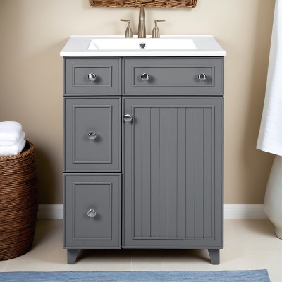 24" Bathroom Vanity with Sink, Free Standing Single Basin Vanity Set with Two Drawers and One Door - Leovsnove