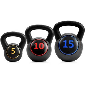 Gymax 3 Pieces Kettlebell Set HDPE Coated Concrete Kettlebell Kit 5 lbs 10 lbs 15 lbs Fitness Kettle Bells w/ Easy Grip Handle Workout Equipment - 1 of 4