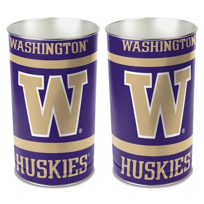 NCAA Washington Huskies Waste Basket: Tin Indoor Trash Can, Open Top, 13-Gallon Capacity