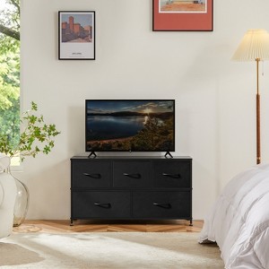 GlasFlength Decorative Storage Cabinets Tall Dresser Fabric Storage Tower ,5 Drawers Wood Top for Kid Room, Nursery, Black 39.4"*11.8"*20.9" - 1 of 4