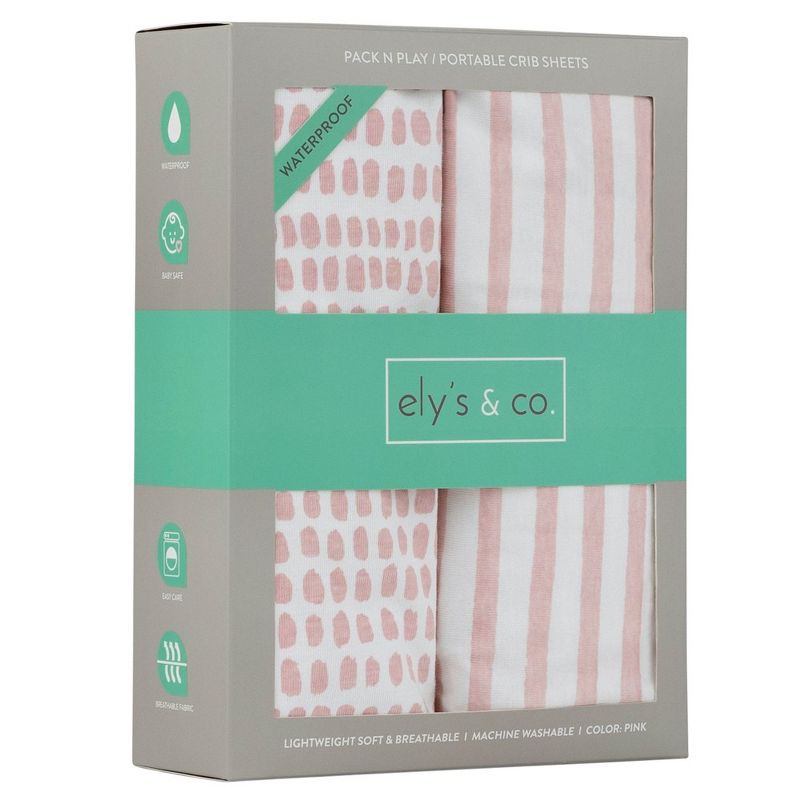 Ely's & Co. Baby Fitted Waterproof Sheet Set 100% Combed Jersey Cotton Mauve Pink Stripes & Splash , 4 of 10